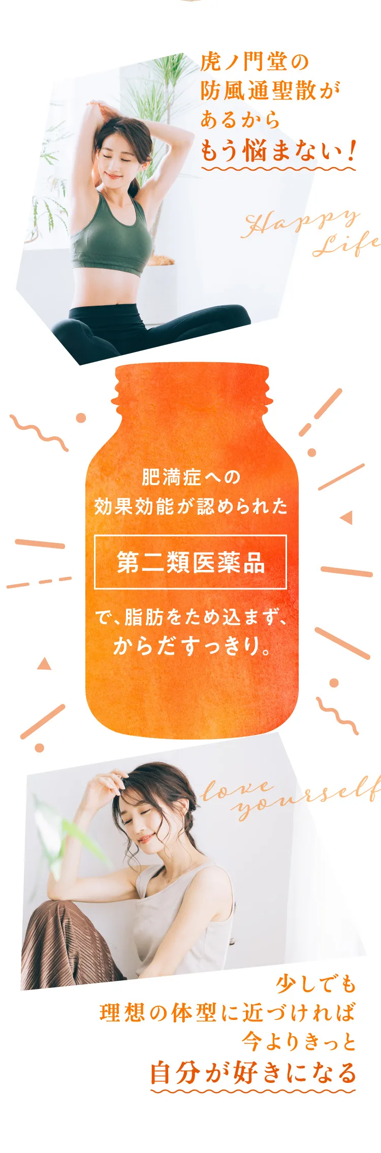 虎ノ門堂の防風通聖散があるからもう悩まない！肥満症への効果効能が認められた第二類医薬品で、脂肪をため込まず、からだすっきり。少しでも理想の体型に近づけば今よりきっと自分が好きになる